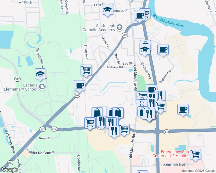 map of restaurants, bars, coffee shops, grocery stores, and more near 302 Chapel Road in St. Augustine