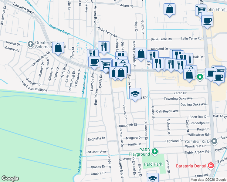 map of restaurants, bars, coffee shops, grocery stores, and more near 5559 Jordan Drive in Marrero