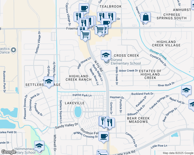 map of restaurants, bars, coffee shops, grocery stores, and more near 6638 Windy River Lane in Katy