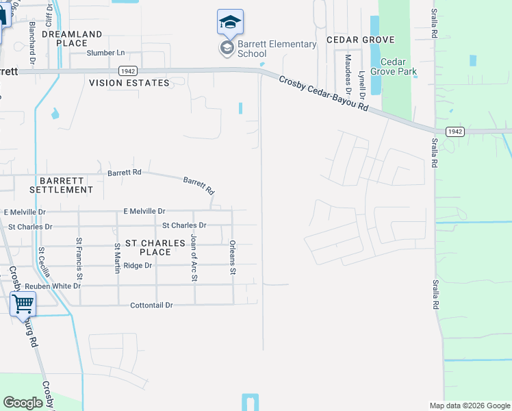 map of restaurants, bars, coffee shops, grocery stores, and more near 12402 East Melville Drive in Crosby
