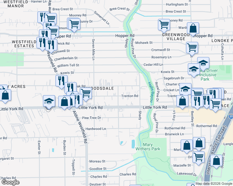 map of restaurants, bars, coffee shops, grocery stores, and more near 2529 Trenton Road in Houston