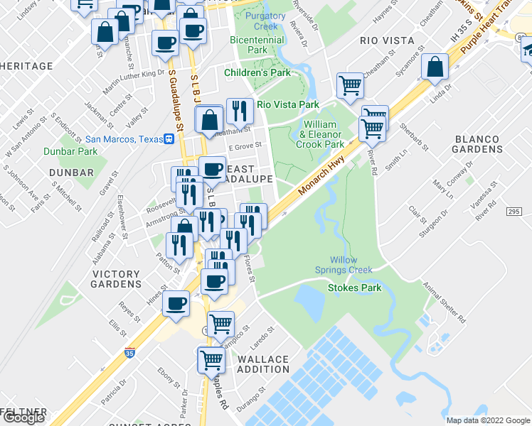 map of restaurants, bars, coffee shops, grocery stores, and more near Interstate 35 Frontage Road in San Marcos