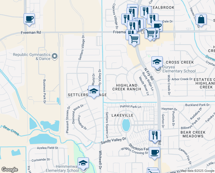 map of restaurants, bars, coffee shops, grocery stores, and more near 6634 Stonecross Creek Lane in Katy