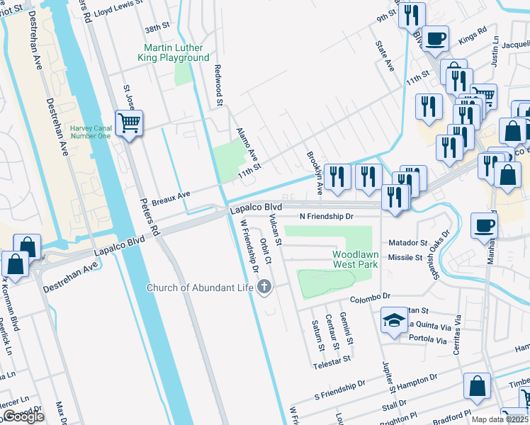 map of restaurants, bars, coffee shops, grocery stores, and more near 2300 West Friendship Drive in Harvey