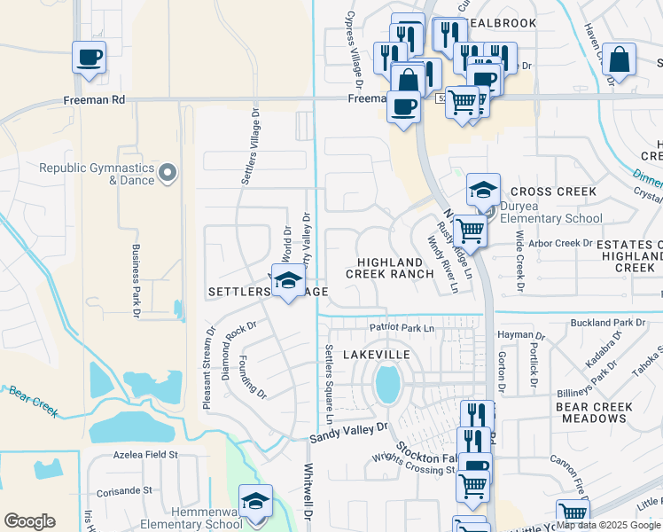 map of restaurants, bars, coffee shops, grocery stores, and more near 6634 Stonecross Creek Lane in Katy