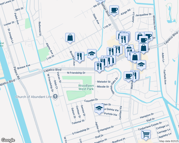 map of restaurants, bars, coffee shops, grocery stores, and more near 2208 North Friendship Drive in Harvey