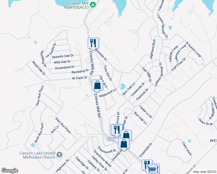 map of restaurants, bars, coffee shops, grocery stores, and more near 269 Clark Street East in Canyon Lake