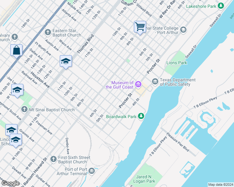 map of restaurants, bars, coffee shops, grocery stores, and more near 500 Austin Avenue in Port Arthur