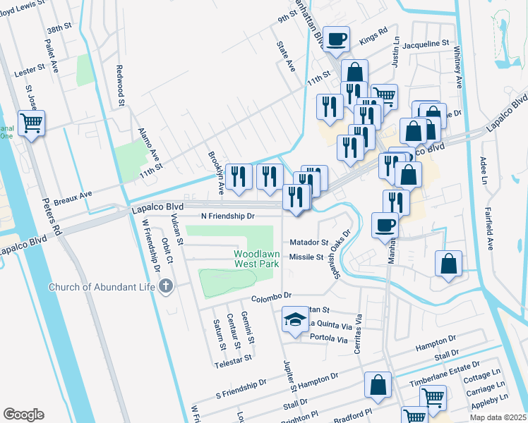 map of restaurants, bars, coffee shops, grocery stores, and more near 2208 North Friendship Drive in Harvey