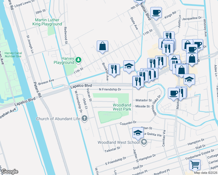 map of restaurants, bars, coffee shops, grocery stores, and more near 2244 North Friendship Drive in Harvey