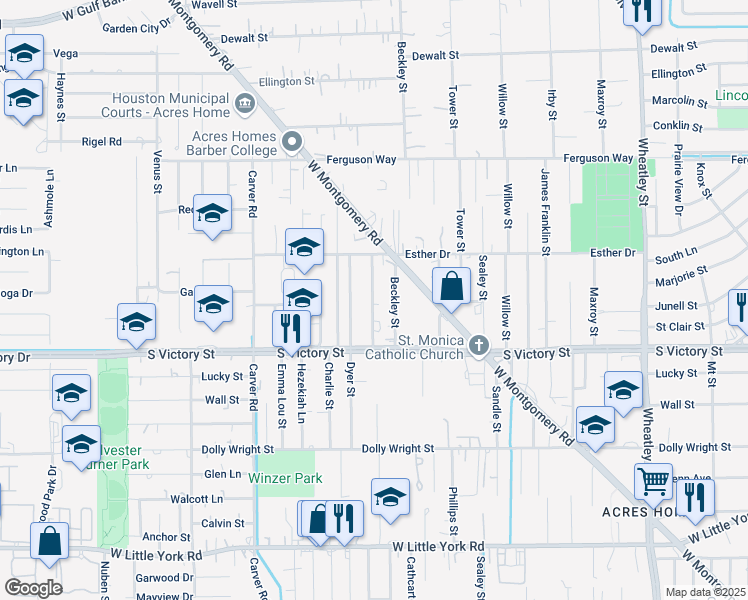 map of restaurants, bars, coffee shops, grocery stores, and more near 7838 Dyer Street in Houston