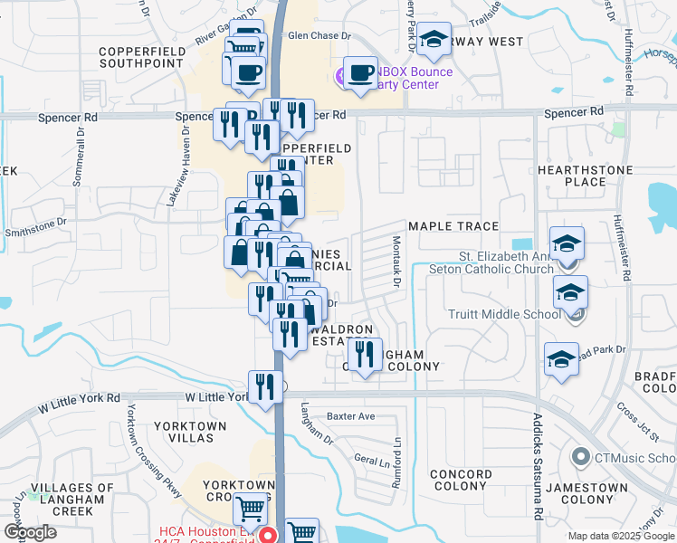 map of restaurants, bars, coffee shops, grocery stores, and more near 15550 Kingfield Drive in Houston