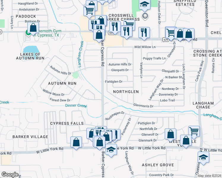 map of restaurants, bars, coffee shops, grocery stores, and more near 17910 Glenmorris Drive in Houston