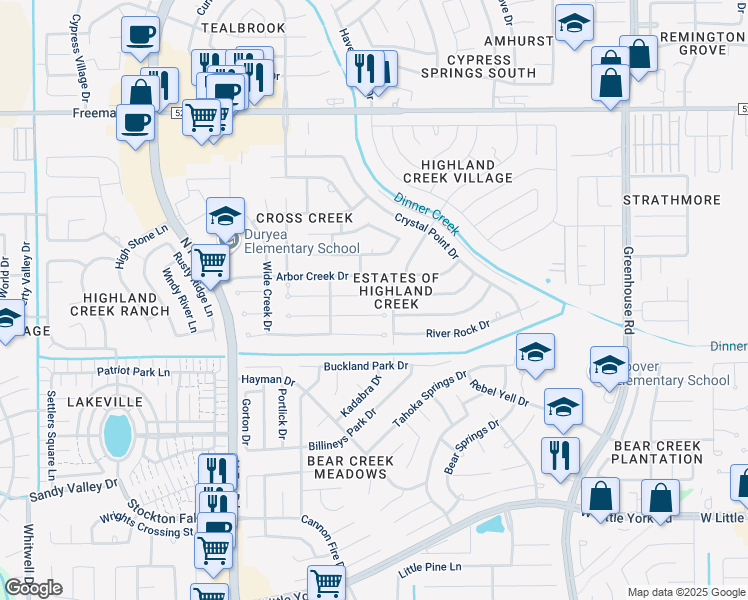 map of restaurants, bars, coffee shops, grocery stores, and more near 19915 Upland Creek Drive in Katy