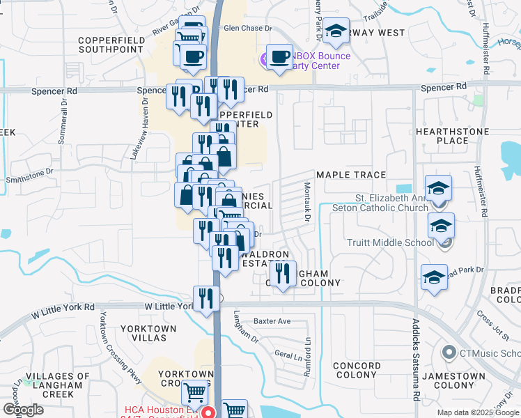 map of restaurants, bars, coffee shops, grocery stores, and more near 15550 Kingfield Drive in Houston