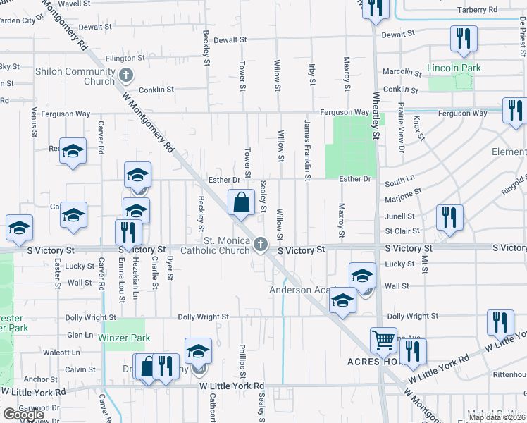 map of restaurants, bars, coffee shops, grocery stores, and more near 8000 Sealey Street in Houston