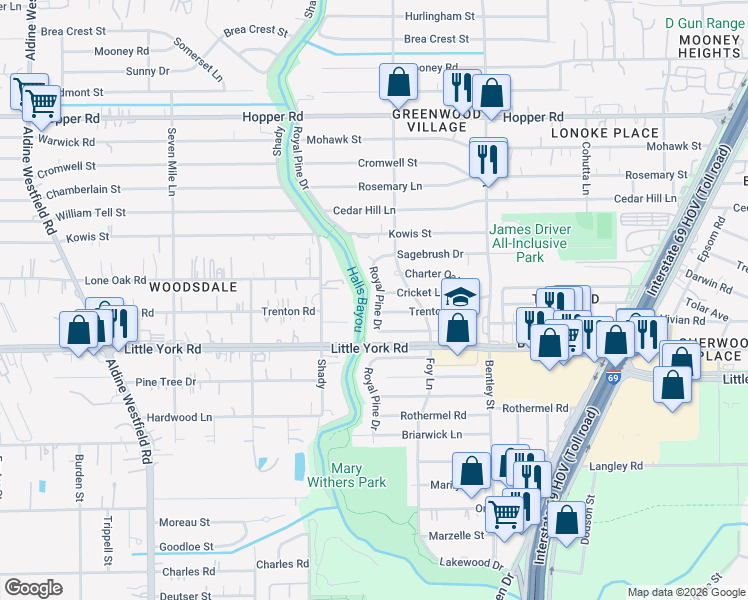 map of restaurants, bars, coffee shops, grocery stores, and more near 10911 Royal Pine Drive in Houston