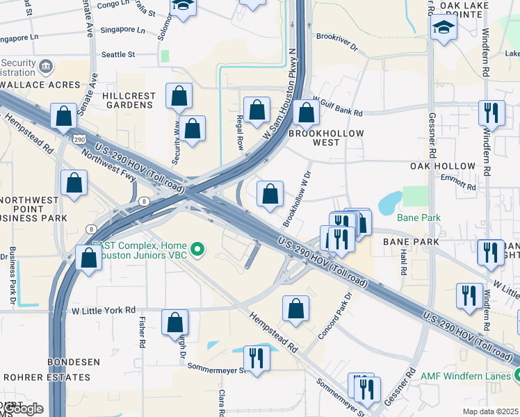 map of restaurants, bars, coffee shops, grocery stores, and more near 15120 Northwest Freeway in Houston