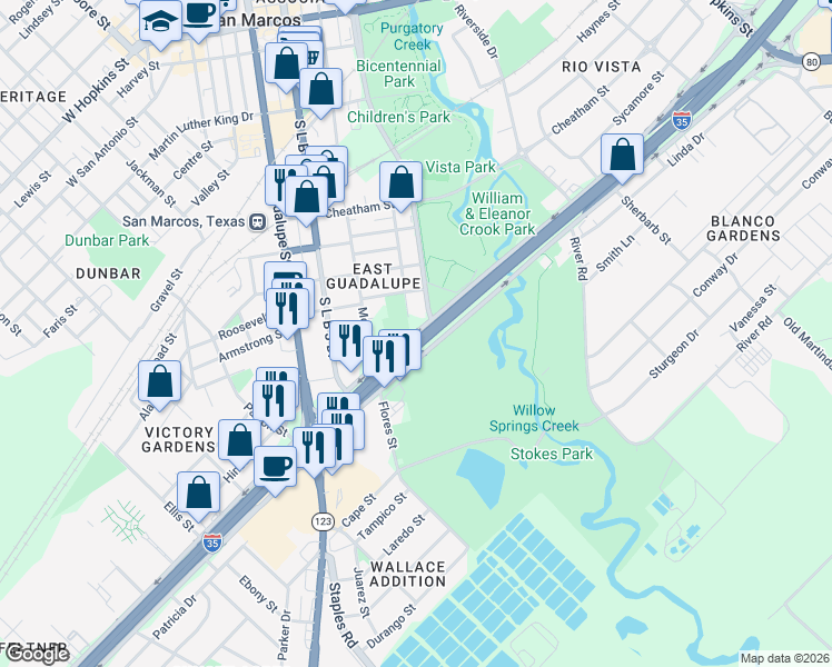 map of restaurants, bars, coffee shops, grocery stores, and more near 2702 Interstate 35 Frontage Road in San Marcos