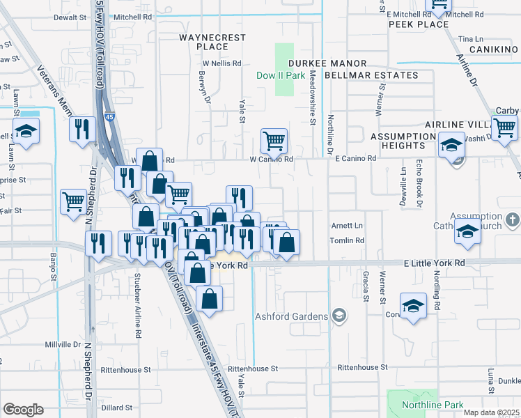 map of restaurants, bars, coffee shops, grocery stores, and more near 215 Meadowlink Street in Houston