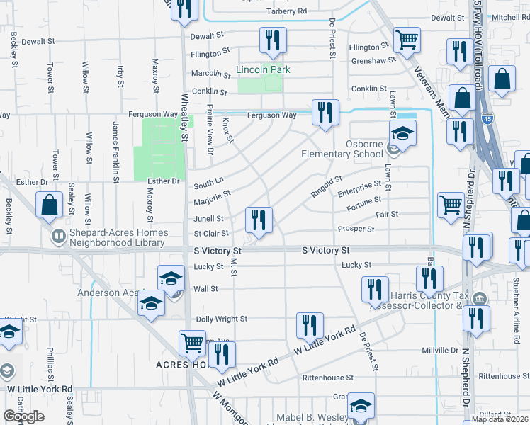 map of restaurants, bars, coffee shops, grocery stores, and more near 1022 Saint Clair Street in Houston