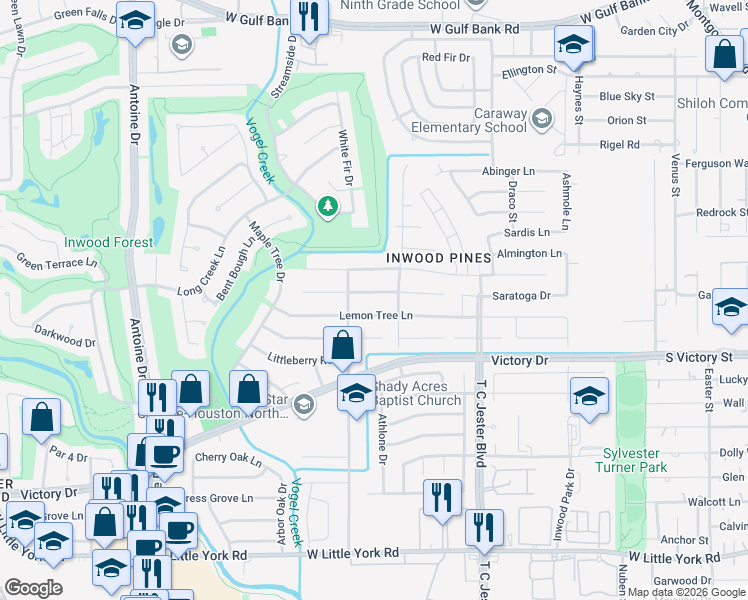 map of restaurants, bars, coffee shops, grocery stores, and more near 4010 Lemon Tree Lane in Houston