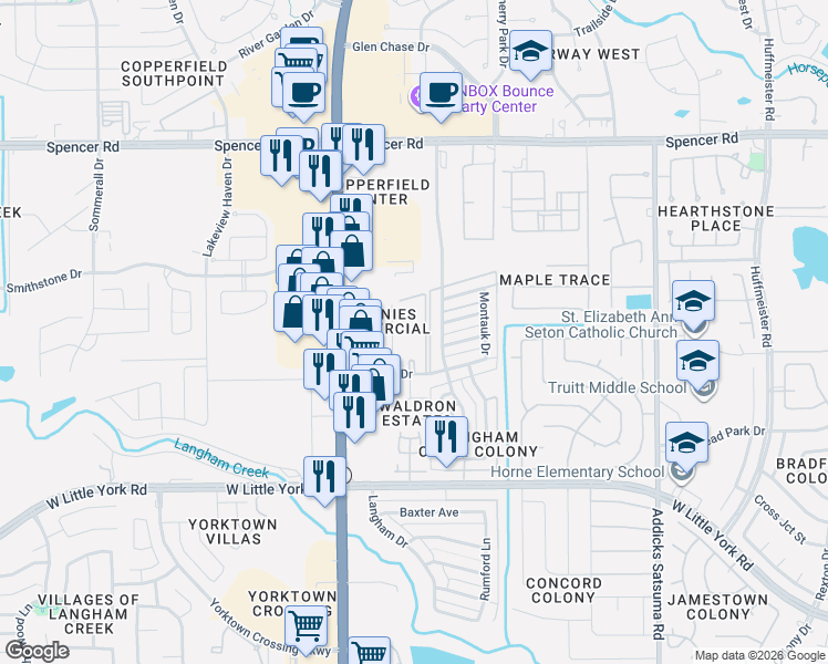 map of restaurants, bars, coffee shops, grocery stores, and more near 15550 Kingfield Drive in Houston