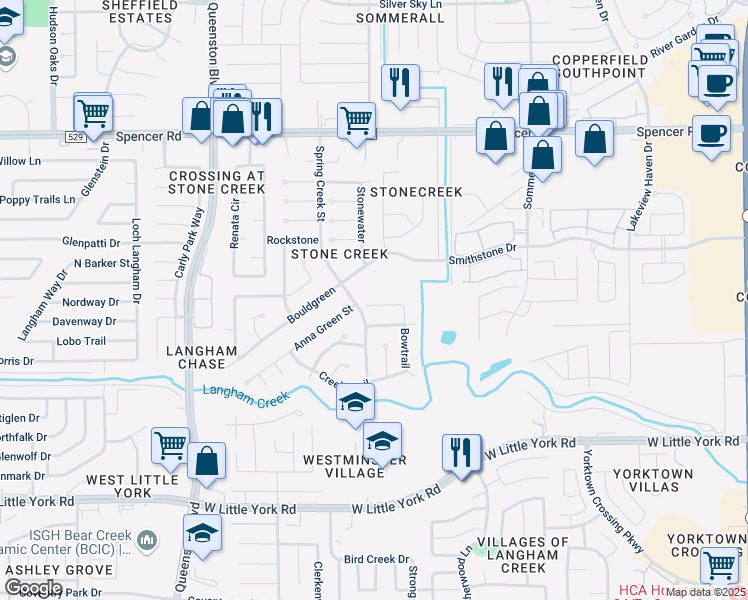 map of restaurants, bars, coffee shops, grocery stores, and more near 16623 Stonerun in Houston