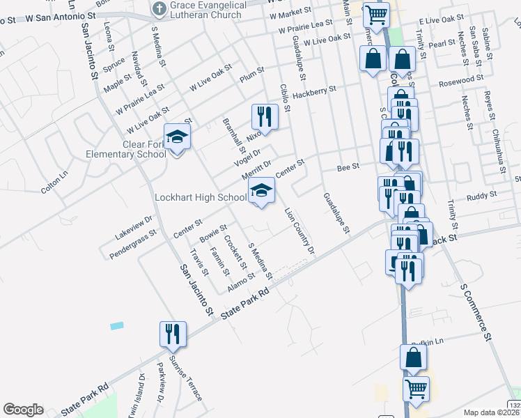 map of restaurants, bars, coffee shops, grocery stores, and more near 906 Center Street in Lockhart