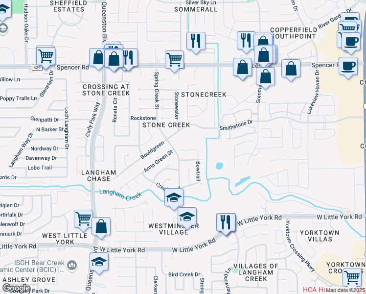 map of restaurants, bars, coffee shops, grocery stores, and more near 16623 Stonerun in Houston