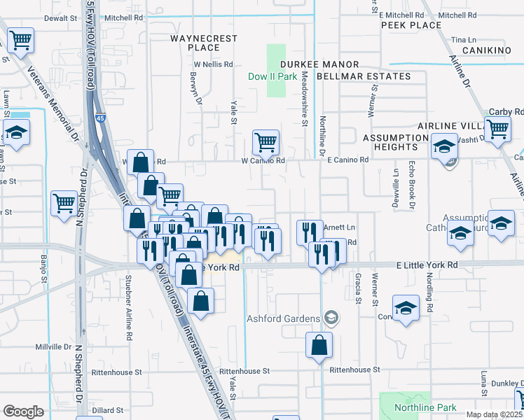 map of restaurants, bars, coffee shops, grocery stores, and more near 215 Meadowlink Street in Houston