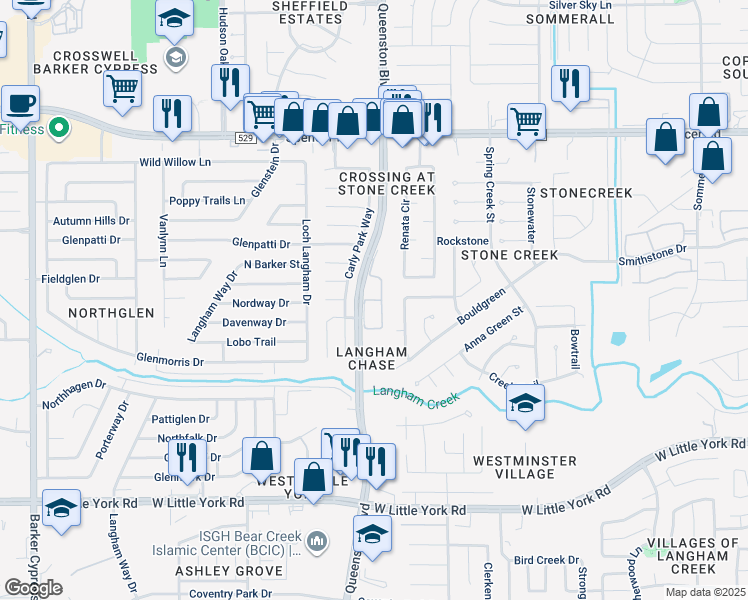 map of restaurants, bars, coffee shops, grocery stores, and more near 6700 Queenston Boulevard in Houston