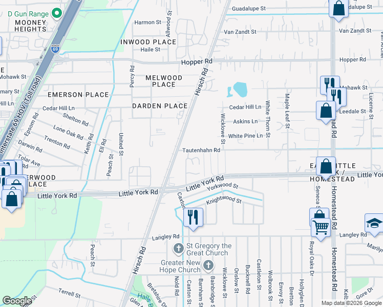 map of restaurants, bars, coffee shops, grocery stores, and more near 5230 Tautenhahn Road in Houston