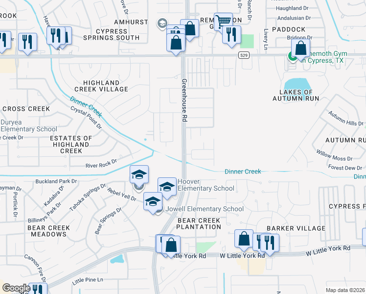 map of restaurants, bars, coffee shops, grocery stores, and more near 6543 Dogwood Park Lane in Katy