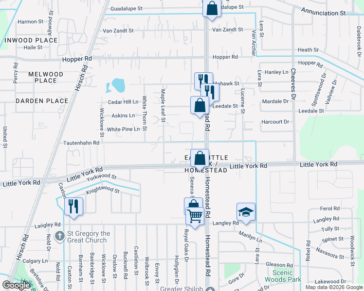 map of restaurants, bars, coffee shops, grocery stores, and more near 10817 Seneca Street in Houston
