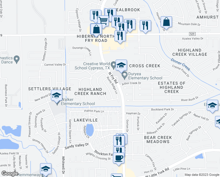 map of restaurants, bars, coffee shops, grocery stores, and more near 6706 Windy River Lane in Katy