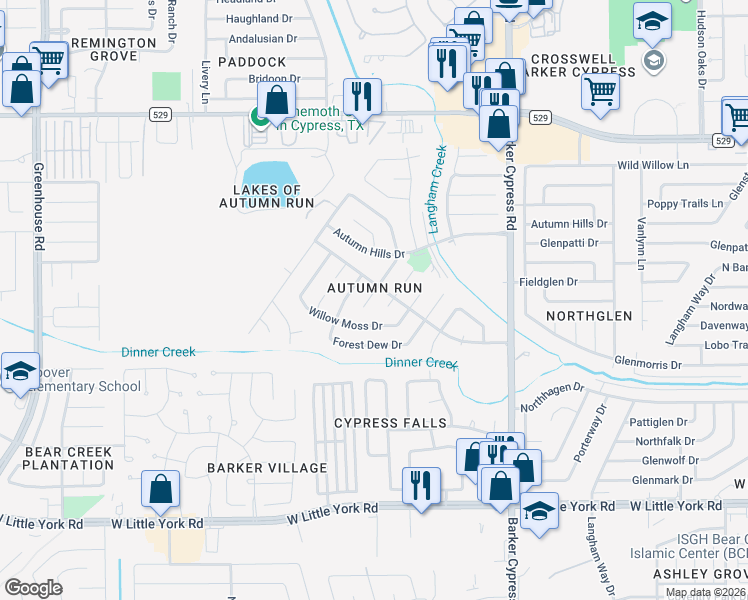map of restaurants, bars, coffee shops, grocery stores, and more near 6602 Autumn Flowers Drive in Katy