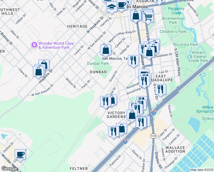 map of restaurants, bars, coffee shops, grocery stores, and more near Gravel Street in San Marcos