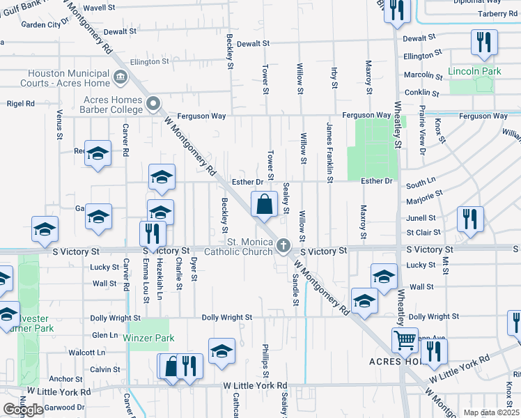 map of restaurants, bars, coffee shops, grocery stores, and more near 8624 West Montgomery Road in Houston
