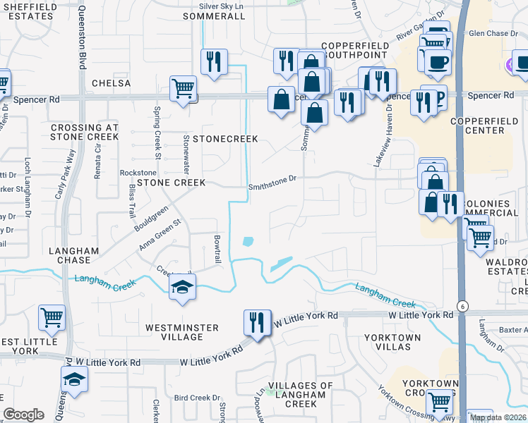map of restaurants, bars, coffee shops, grocery stores, and more near 16326 Brookside Willow Lane in Houston