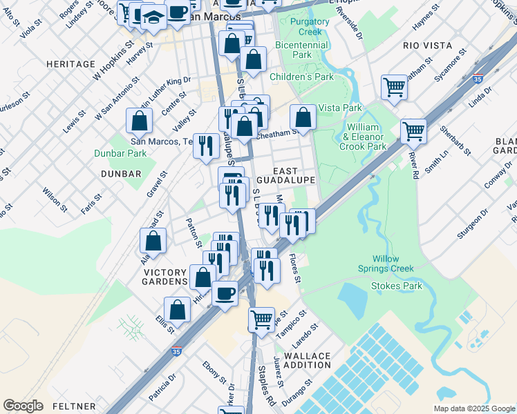 map of restaurants, bars, coffee shops, grocery stores, and more near 722 South L B J Drive in San Marcos