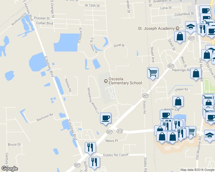 map of restaurants, bars, coffee shops, grocery stores, and more near 1605 Osceola Elementary Road in St. Augustine