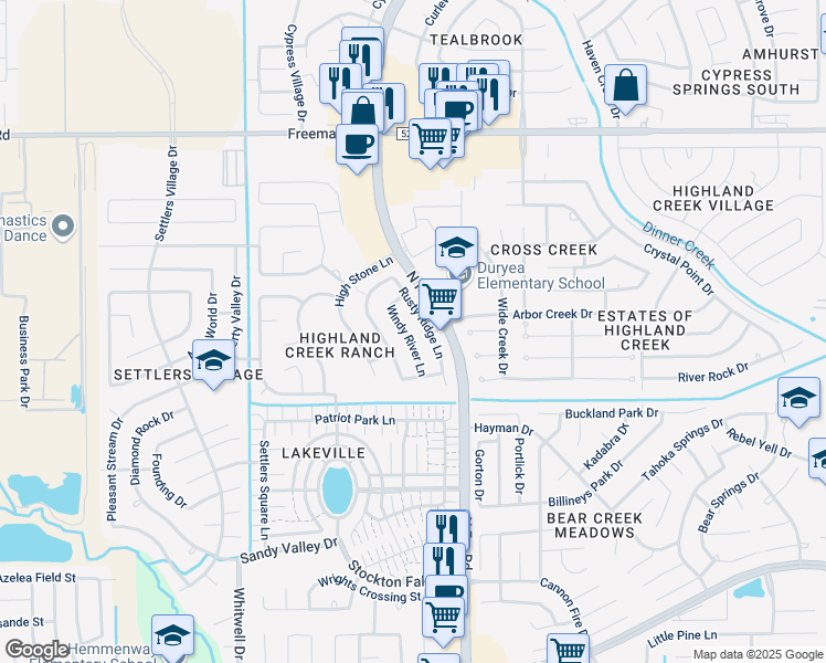 map of restaurants, bars, coffee shops, grocery stores, and more near 6638 Windy River Lane in Katy