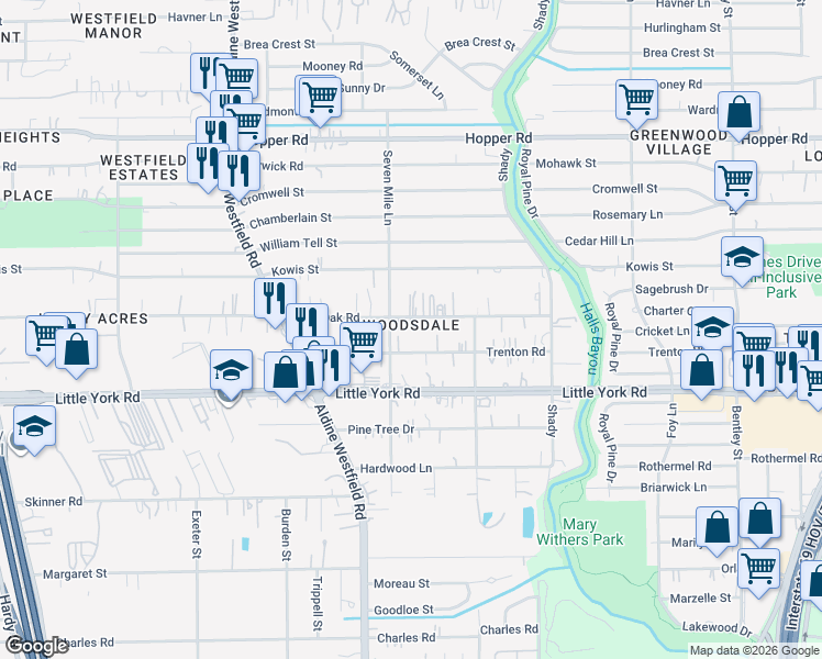 map of restaurants, bars, coffee shops, grocery stores, and more near 2437 Trenton Road in Houston