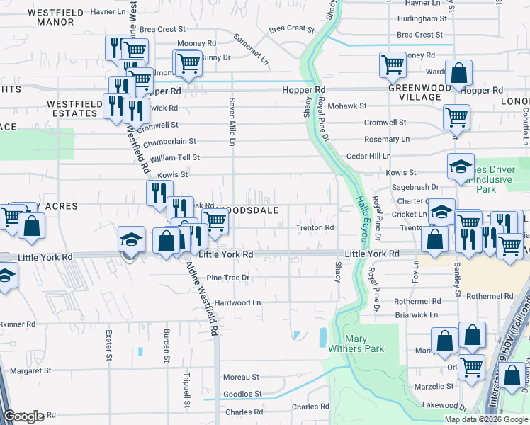 map of restaurants, bars, coffee shops, grocery stores, and more near 2437 Trenton Road in Houston