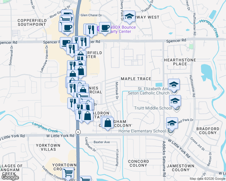 map of restaurants, bars, coffee shops, grocery stores, and more near 15307 Bellport Drive in Houston
