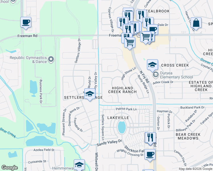 map of restaurants, bars, coffee shops, grocery stores, and more near 6634 Stonecross Creek Lane in Katy