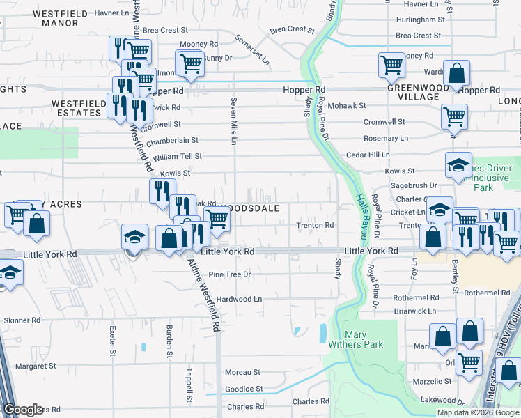 map of restaurants, bars, coffee shops, grocery stores, and more near 2437 Trenton Road in Houston