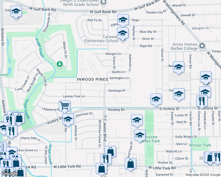 map of restaurants, bars, coffee shops, grocery stores, and more near 3622 Lemon Tree Lane in Houston