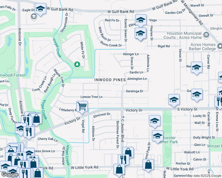 map of restaurants, bars, coffee shops, grocery stores, and more near 7507 Lemon Tree Circle in Houston